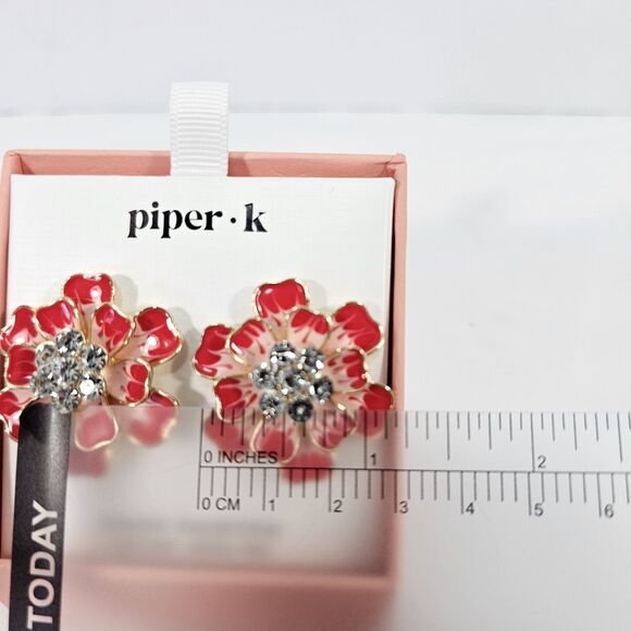 Hand Painted Red Floral Statement Earrings, Piper K, Crystal Center, Nickel Free - Picture 6 of 6
